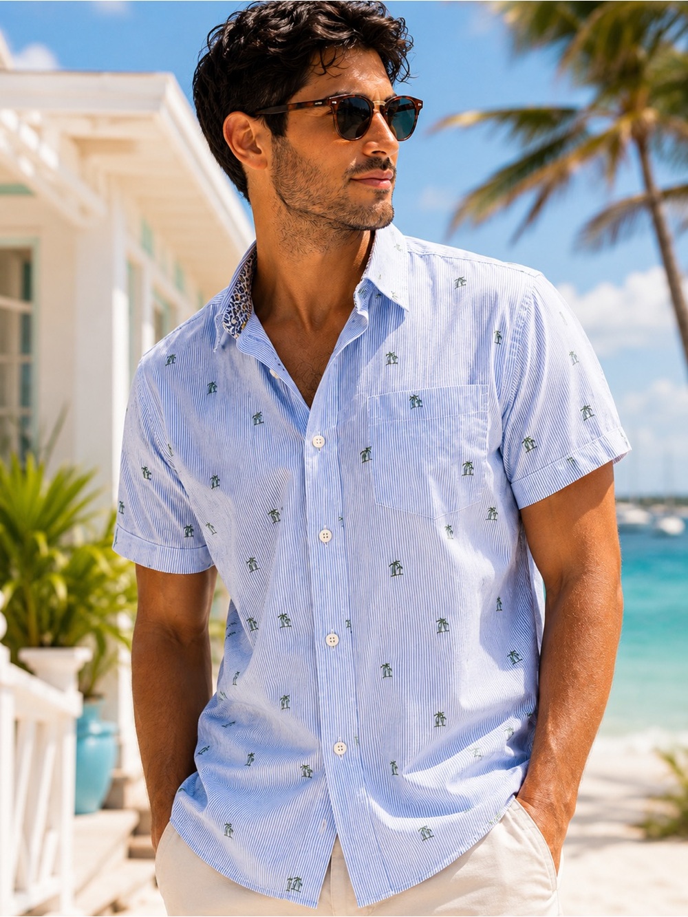 Denim & Flower Palm Tree Button Down Shirt Men’s L Blue Tropical Resort